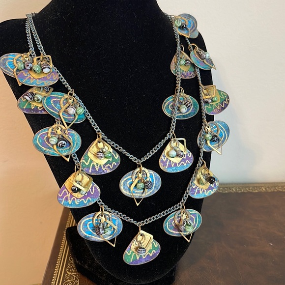 Vintage Jewelry - Artisan Painted Copper Disc Layered Statement Necklace